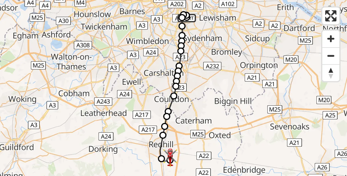 Flight route Air Ambulance Helicopter Herne Hill - Redhill Aerodrome, 12 August 2026, 18:25