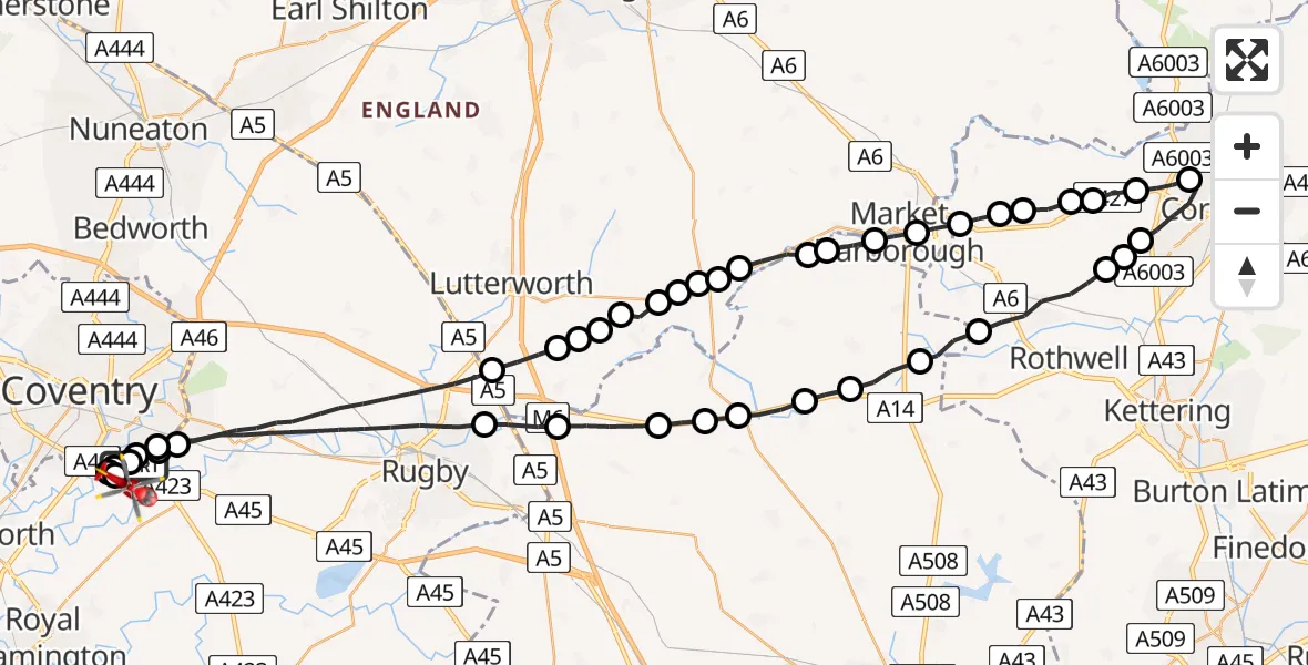 Flight route Air Ambulance Helicopter Coventry Airport - Coventry Airport, 12 August 2026, 18:27