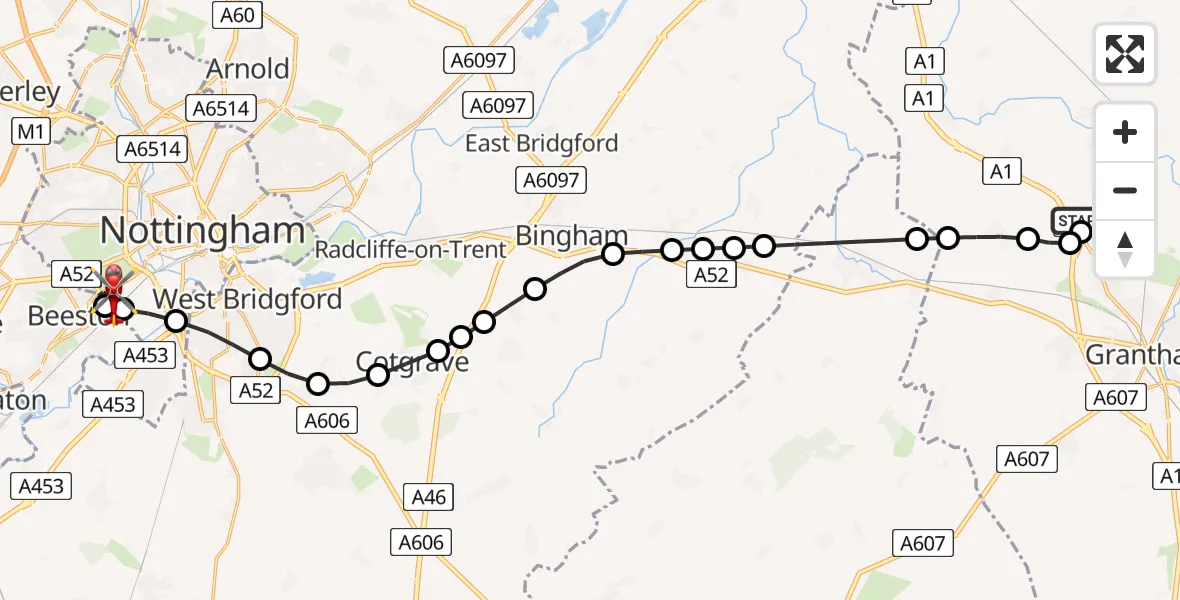 Flight route Air Ambulance Helicopter South Kesteven - Beeston, 12 August 2026, 18:28