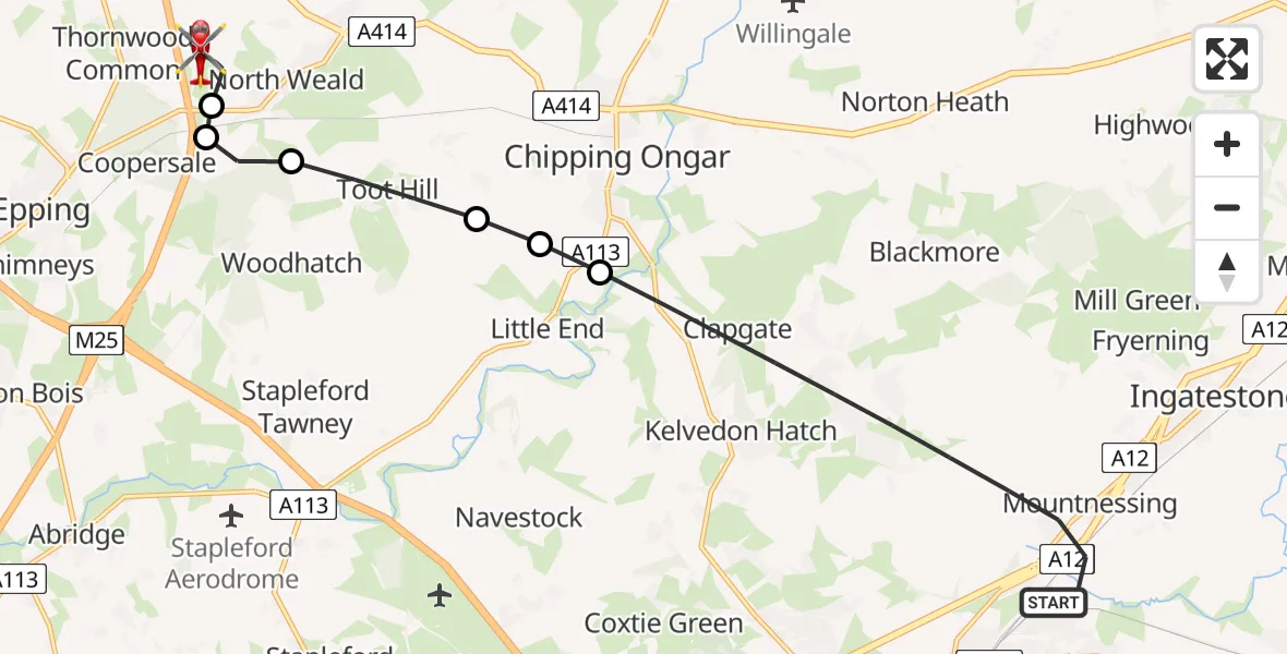Flight route Air Ambulance Helicopter Brentwood - North Weald Airfield, 12 August 2026, 18:39