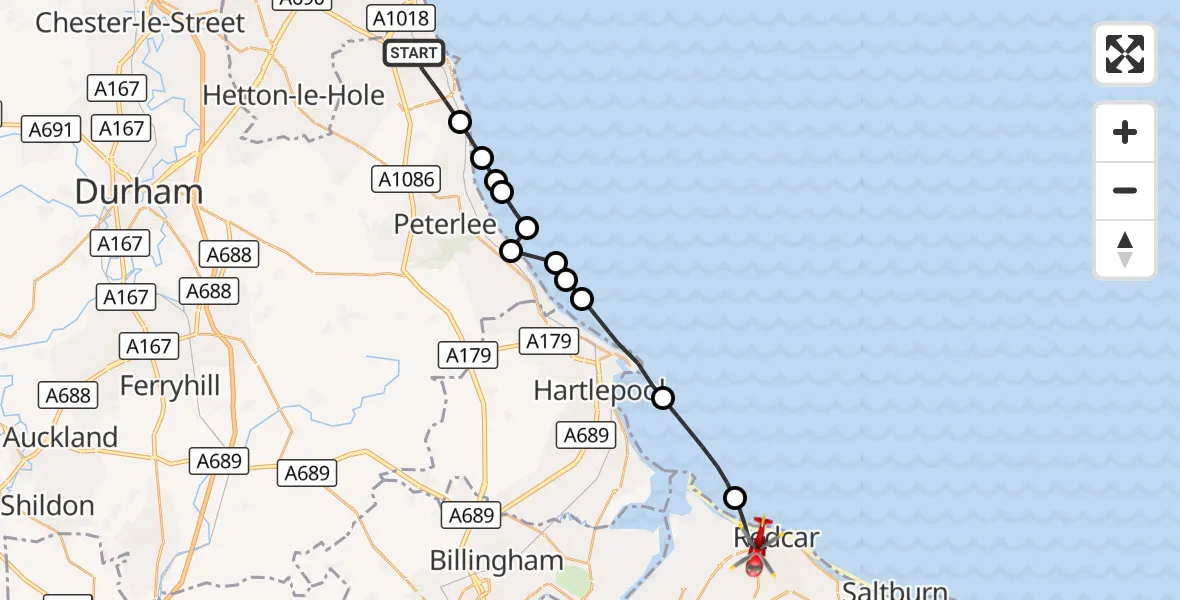 Flight route Air Ambulance Helicopter Seaham - Redcar, 12 August 2026, 18:43