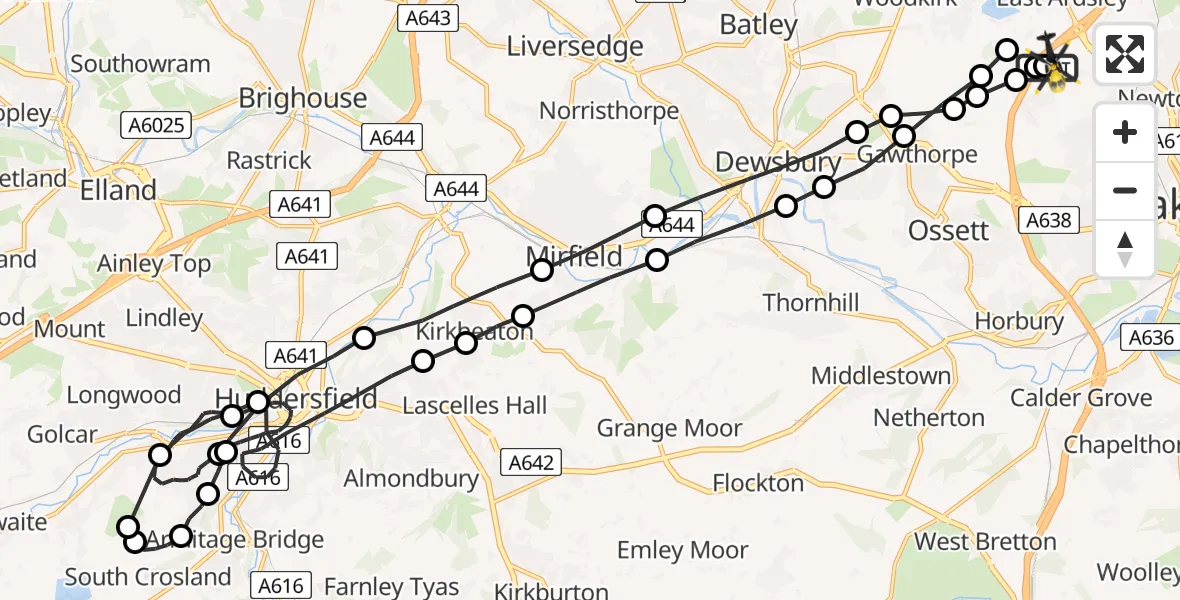 Flight route Police Helicopter East Ardsley - East Ardsley, 12 August 2026, 18:44