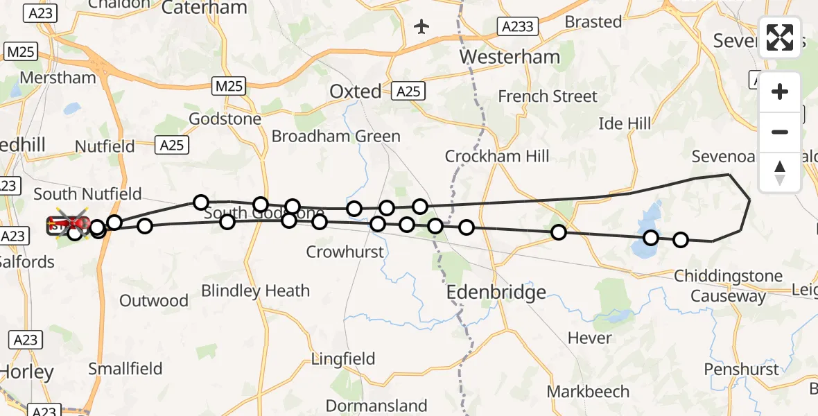 Flight route Air Ambulance Helicopter Redhill Aerodrome - Redhill Aerodrome, 12 August 2026, 18:47
