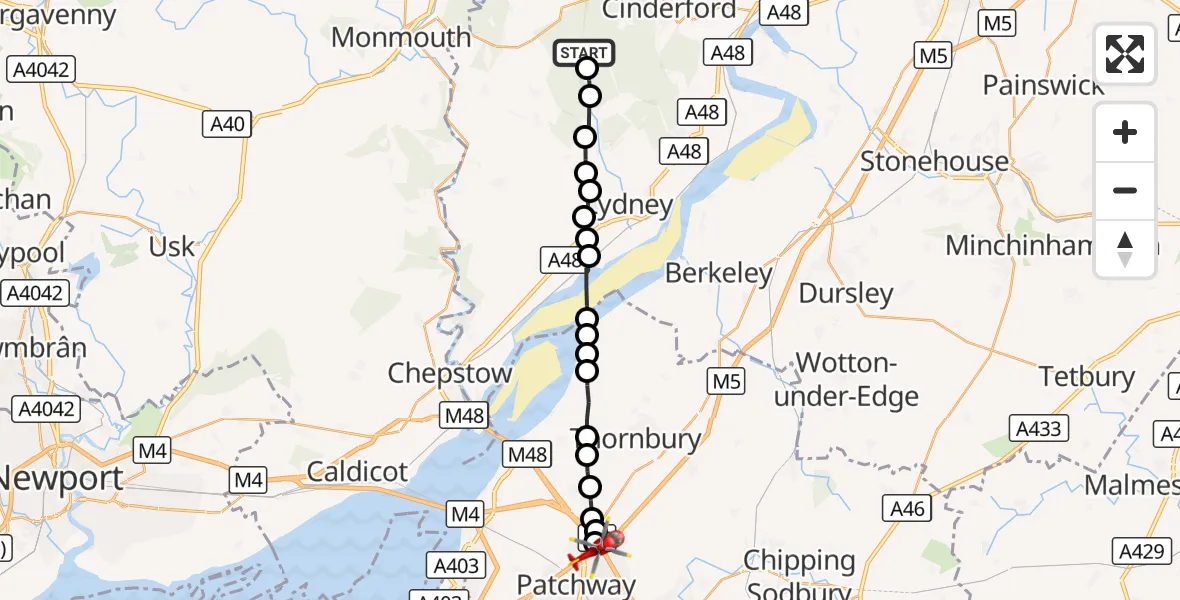 Flight route Air Ambulance Helicopter Cinderford - Almondsbury Helicopter Base, 12 August 2026, 18:49