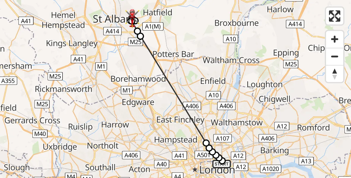 Flight route Air Ambulance Helicopter Royal London Hospital - St Albans, 12 August 2026, 18:57