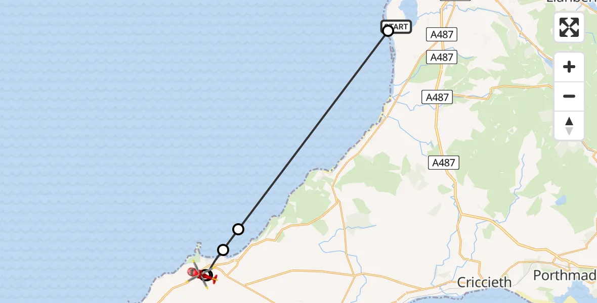 Flight route Air Ambulance Helicopter Caernarfon Airport - Morfa Nefyn, 12 August 2026, 19:00