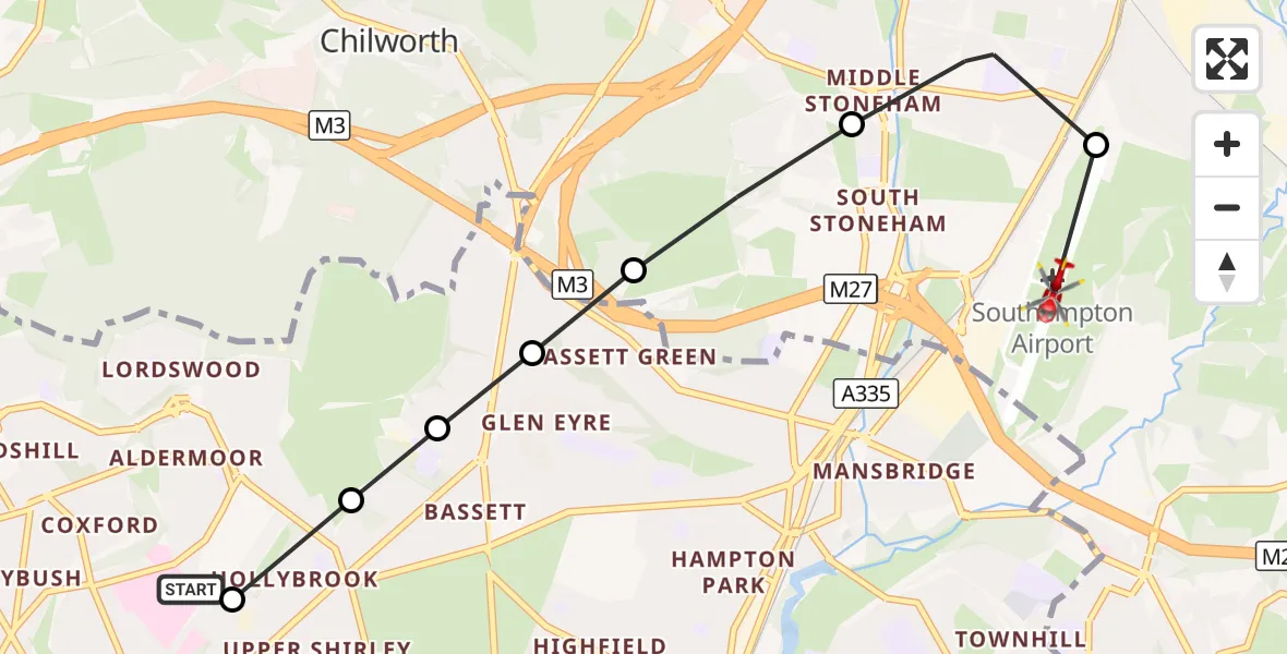Flight route Air Ambulance Helicopter University Hospital Southampton - Southampton Airport, 12 August 2026, 19:15