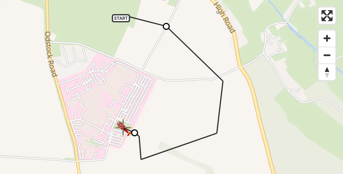Flight route Air Ambulance Helicopter Britford - Salisbury District Hospital, 12 August 2026, 19:17