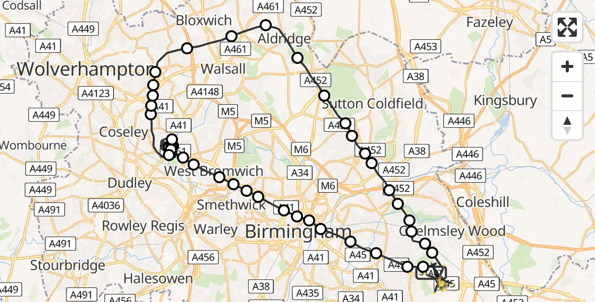 Flight route Police Helicopter Birmingham Airport - Birmingham Airport, 12 August 2026, 19:18