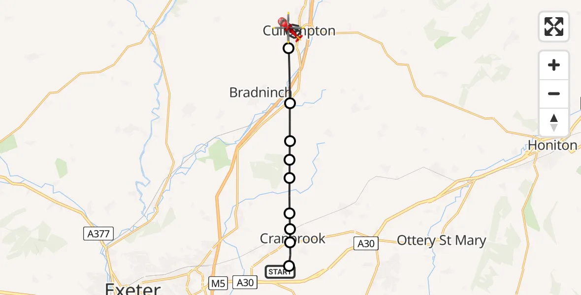 Flight route Air Ambulance Helicopter Exeter International Airport - Cullompton, 12 August 2026, 19:21