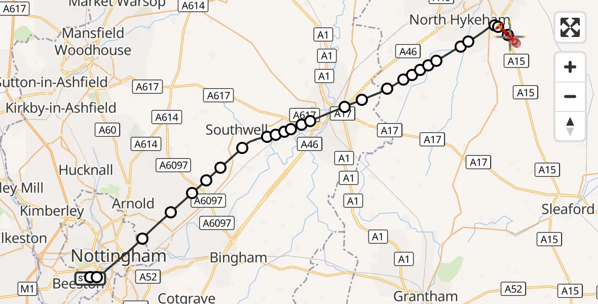 Flight route Air Ambulance Helicopter City of Nottingham - North Kesteven, 12 August 2026, 19:39