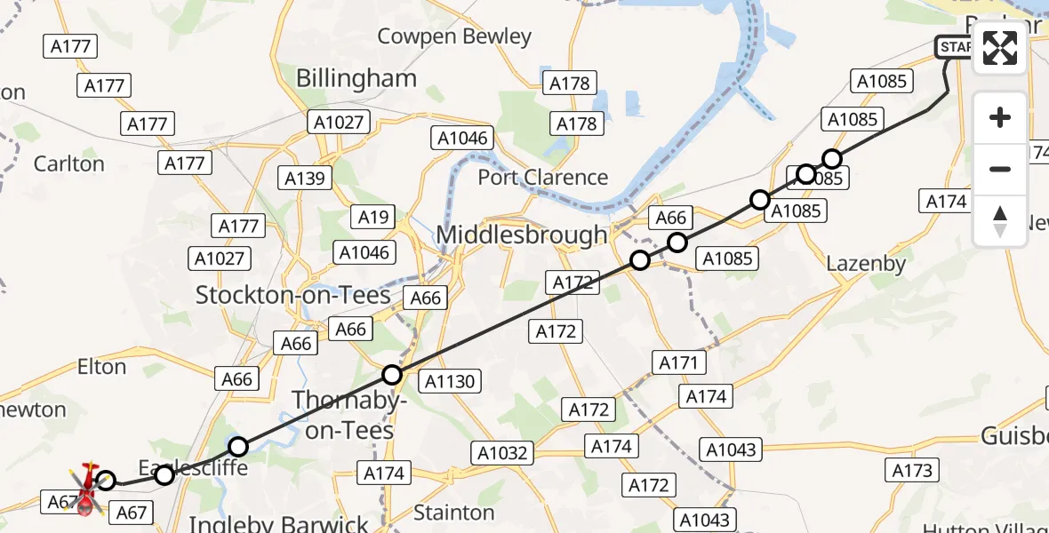 Flight route Air Ambulance Helicopter Redcar - Egglescliffe, 12 August 2026, 19:39