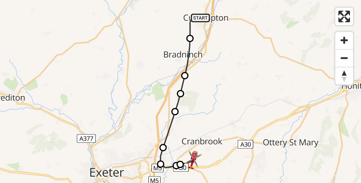 Flight route Air Ambulance Helicopter Cullompton - Exeter International Airport, 12 August 2026, 19:49