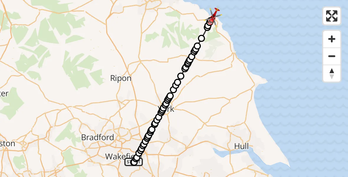 Flight route Air Ambulance Helicopter YAA Nostell Helicopter Port - Whitby, 12 August 2026, 19:52