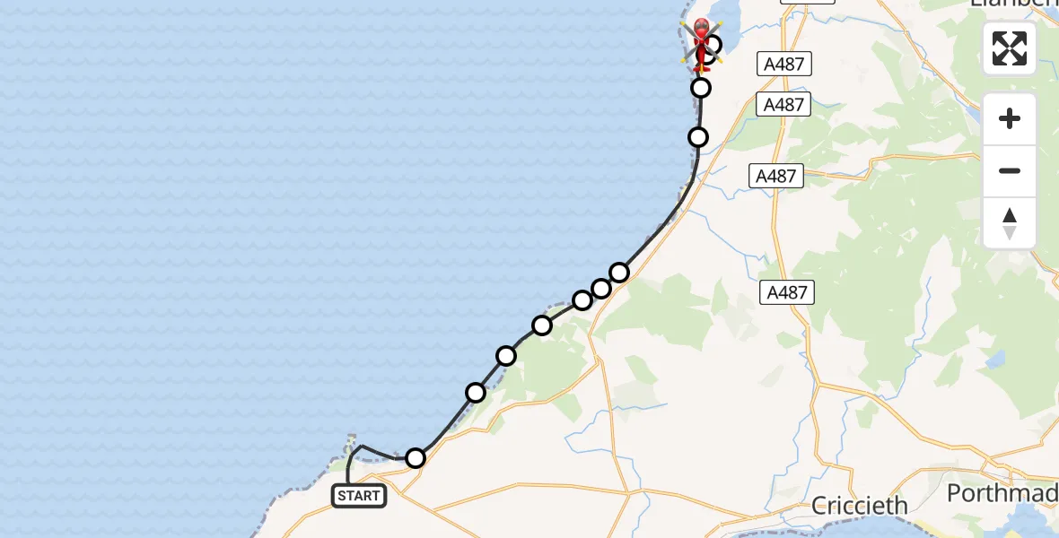 Flight route Air Ambulance Helicopter Morfa Nefyn - Caernarfon Airport, 12 August 2026, 19:52