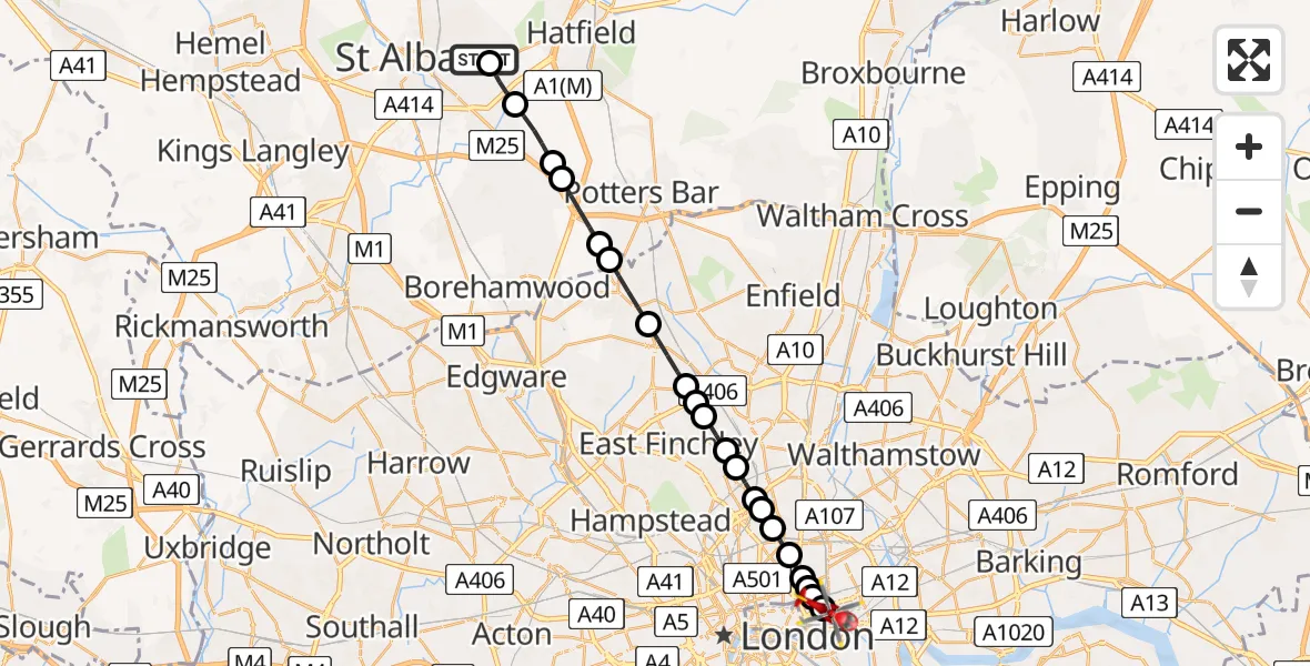 Flight route Air Ambulance Helicopter St Albans - Royal London Hospital, 12 August 2026, 20:01