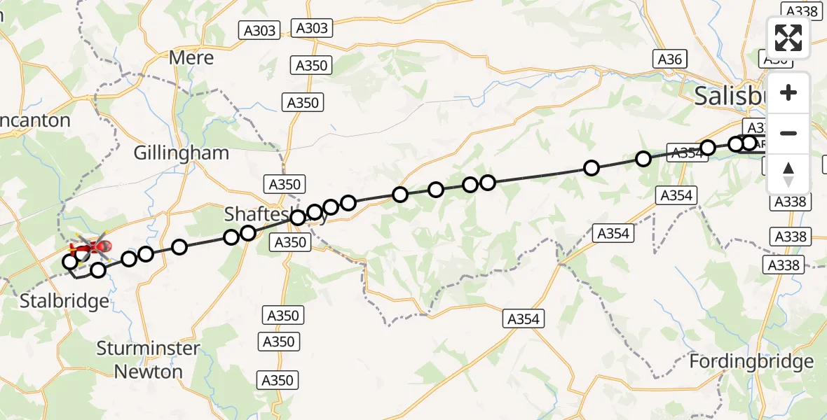 Flight route Air Ambulance Helicopter Salisbury District Hospital - Henstridge Airfield, 12 August 2026, 20:02