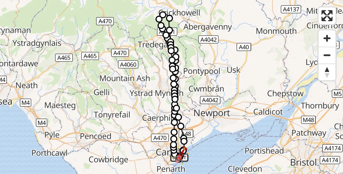 Flight route Air Ambulance Helicopter Cardiff Heliport - Pengam Green, 12 August 2026, 20:11