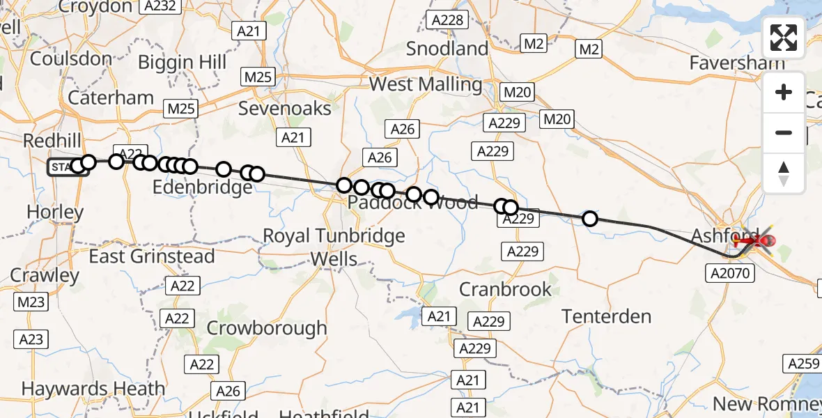 Flight route Air Ambulance Helicopter Redhill Aerodrome - Ashford, 12 August 2026, 20:37
