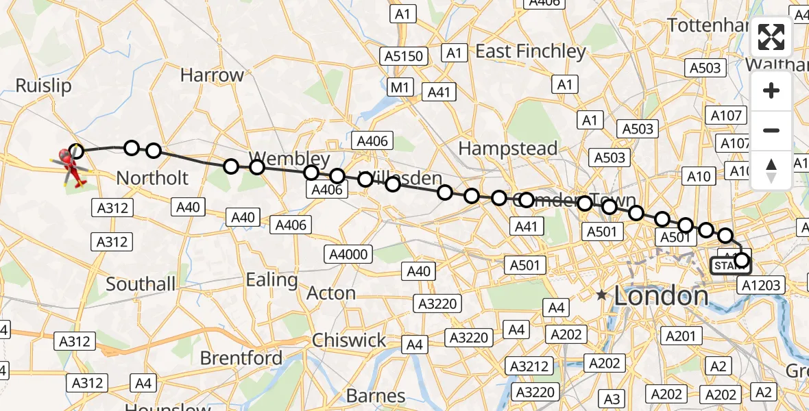 Flight route Air Ambulance Helicopter Royal London Hospital - RAF Northolt, 12 August 2026, 20:46