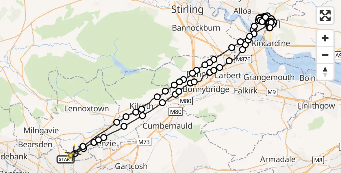 Flight route Police Helicopter Glasgow - Bishopbriggs, 12 August 2026, 21:04