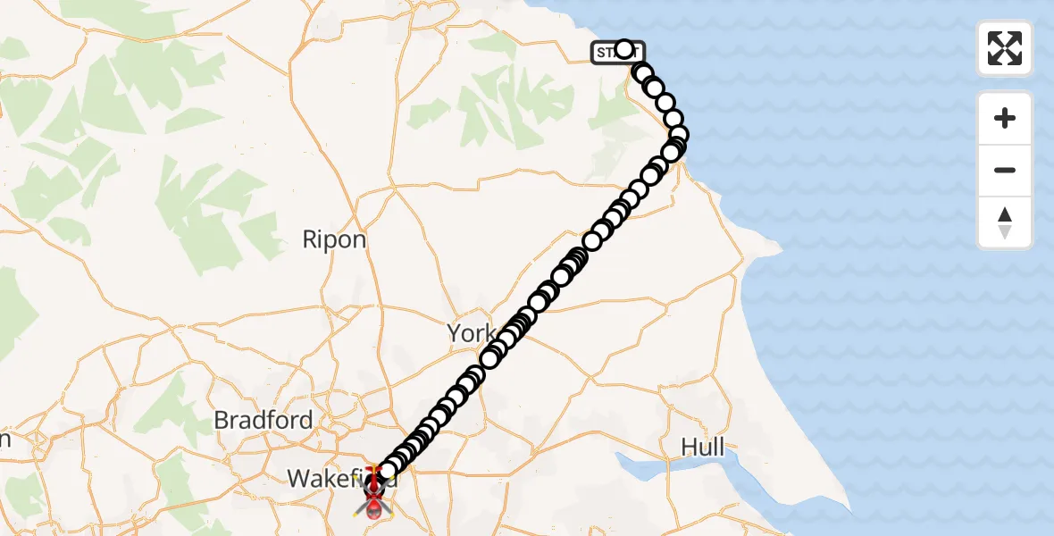 Flight route Air Ambulance Helicopter Whitby - YAA Nostell Helicopter Port, 12 August 2026, 21:17