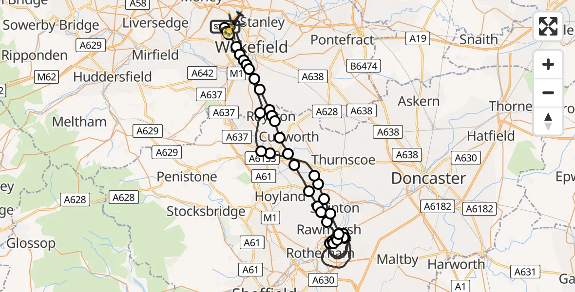 Flight route Police Helicopter East Ardsley - East Ardsley, 12 August 2026, 21:25