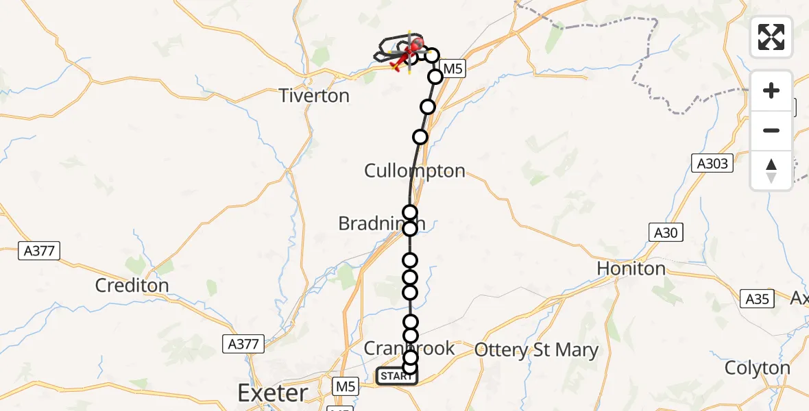 Flight route Air Ambulance Helicopter Exeter International Airport - Uplowman, 12 August 2026, 21:37