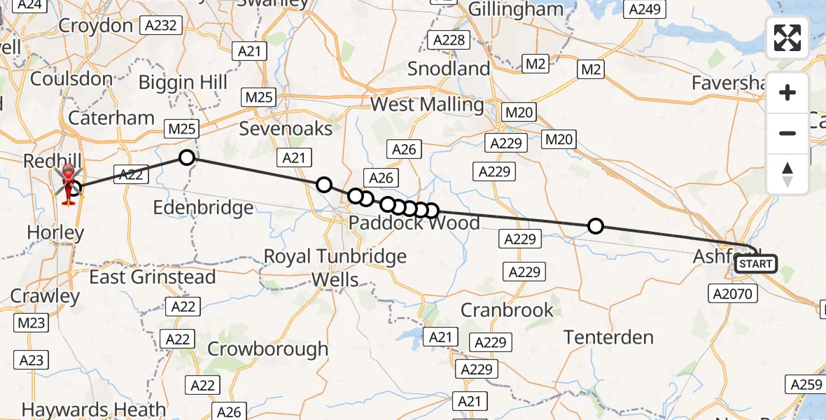 Flight route Air Ambulance Helicopter Ashford - Redhill Aerodrome, 12 August 2026, 21:40
