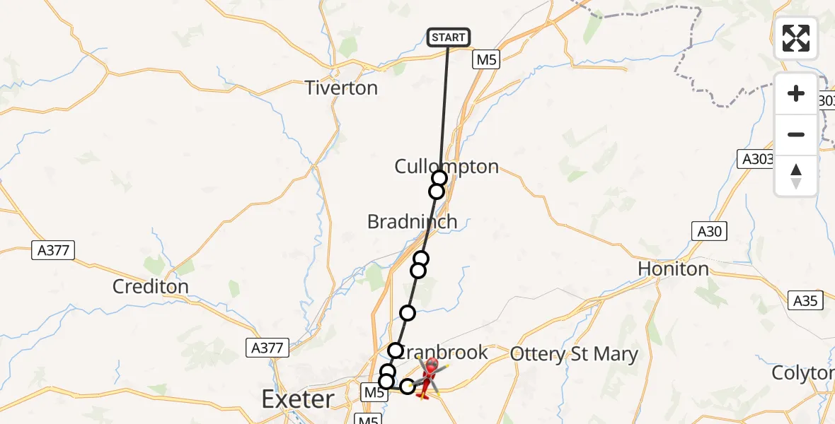 Flight route Air Ambulance Helicopter Uplowman - Exeter International Airport, 12 August 2026, 22:00