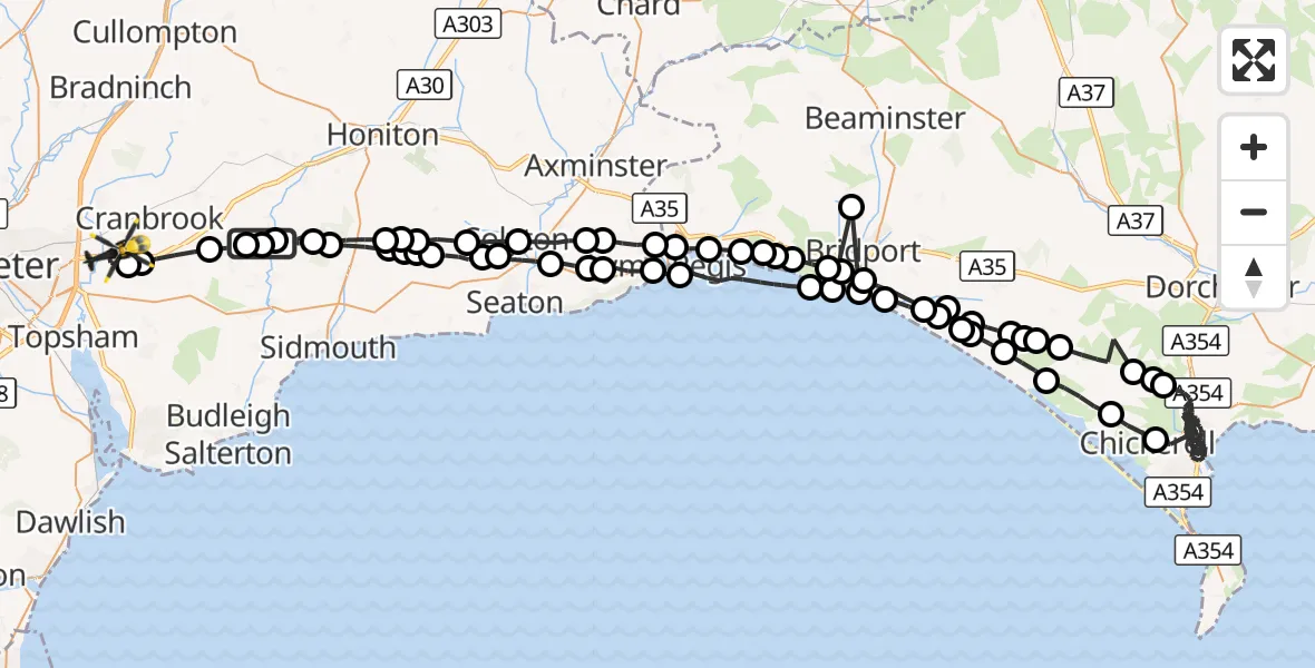 Flight route Police Helicopter Tipton St John - Exeter International Airport, 12 August 2026, 22:03