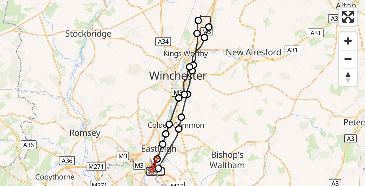 Flight route Air Ambulance Helicopter Southampton Airport - Southampton Airport, 12 August 2026, 22:20