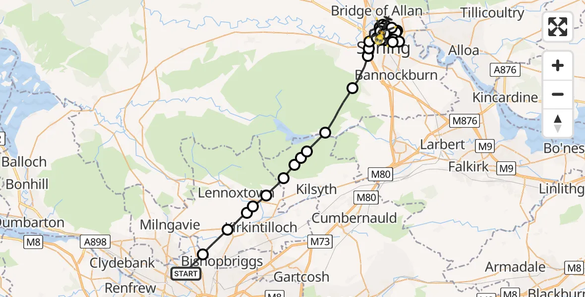 Flight route Police Helicopter Glasgow - Cornton, 12 August 2026, 23:39