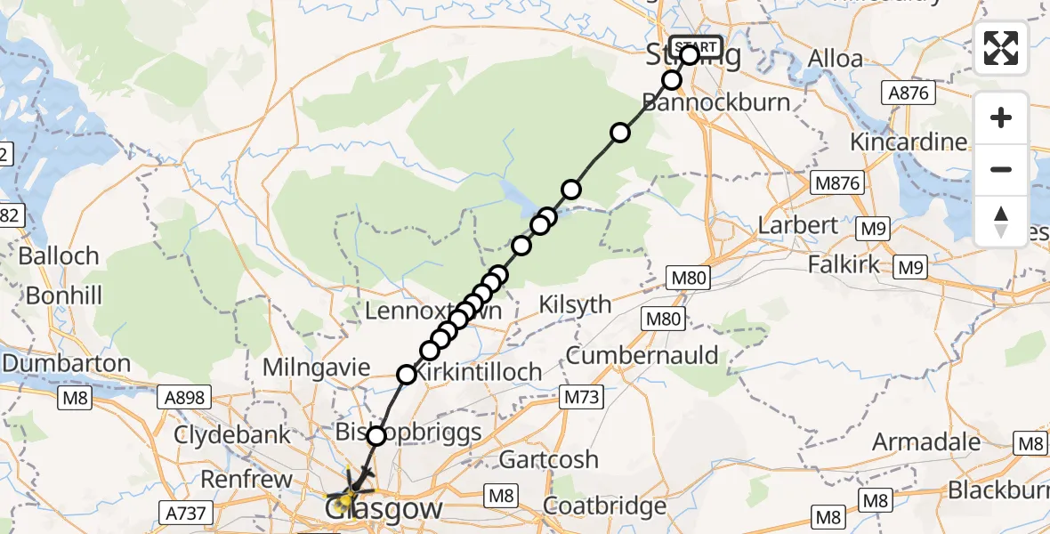 Flight route Police Helicopter Riverside - Glasgow, 13 August 2026, 00:03