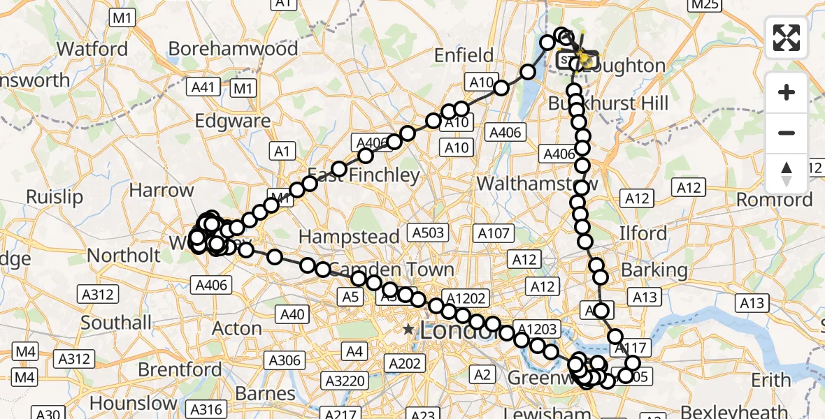 Flight route Police Helicopter Metropolitan Police Air Support Unit Lippitts Hill - Metropolitan Police Air Support Unit Lippitts Hill, 13 August 2026, 01:05