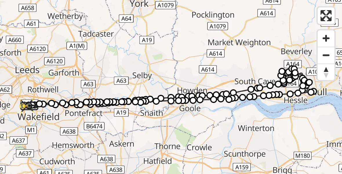 Flight route Police Helicopter Brandy Carr - East Ardsley, 13 August 2026, 02:13