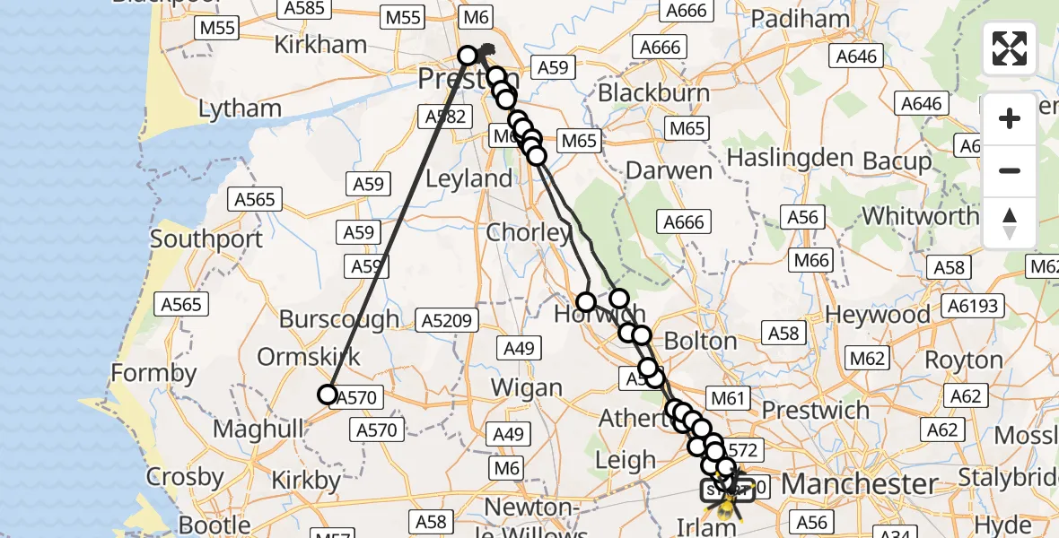 Flight route Police Helicopter Irlam - Manchester Barton Aerodrome, 13 August 2026, 02:21