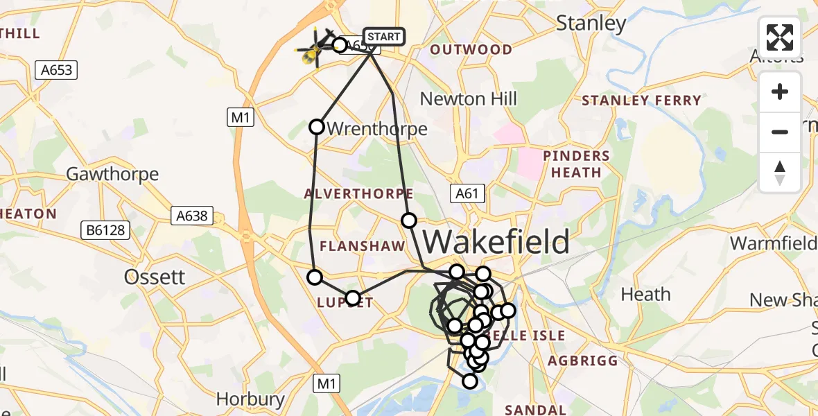Flight route Police Helicopter Wrenthorpe - East Ardsley, 13 August 2026, 03:44