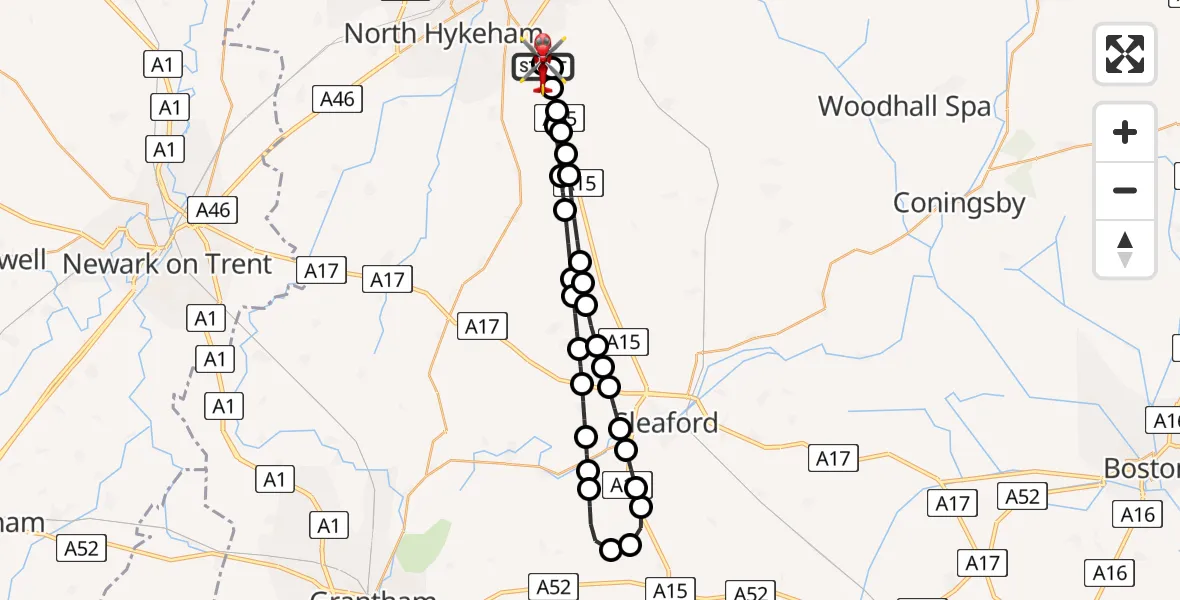 Flight route Air Ambulance Helicopter RAF Waddington - North Kesteven, 13 August 2026, 06:24