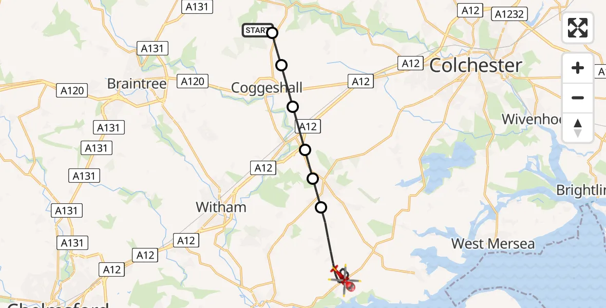 Flight route Air Ambulance Helicopter Earls Colne Airfield - Maldon, 13 August 2026, 06:36