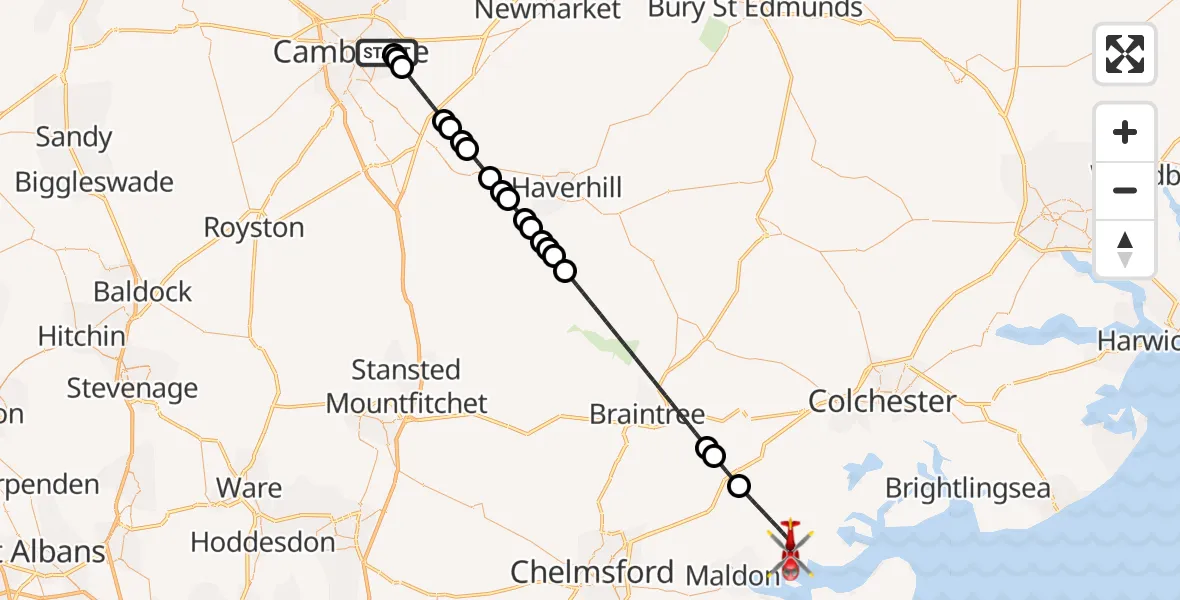 Flight route Air Ambulance Helicopter Cambridge City Airport - Maldon, 13 August 2026, 06:42