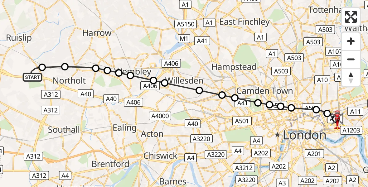 Flight route Air Ambulance Helicopter RAF Northolt - Royal London Hospital, 13 August 2026, 06:43