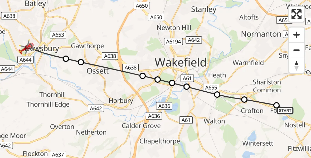 Flight route Air Ambulance Helicopter YAA Nostell Helicopter Port - Dewsbury, 13 August 2026, 07:16