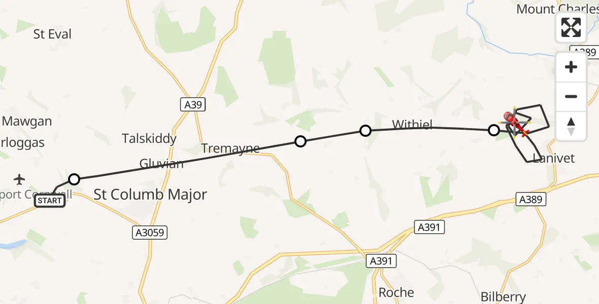 Flight route Air Ambulance Helicopter Cornwall Airport Newquay - Lanivet, 13 August 2026, 07:30