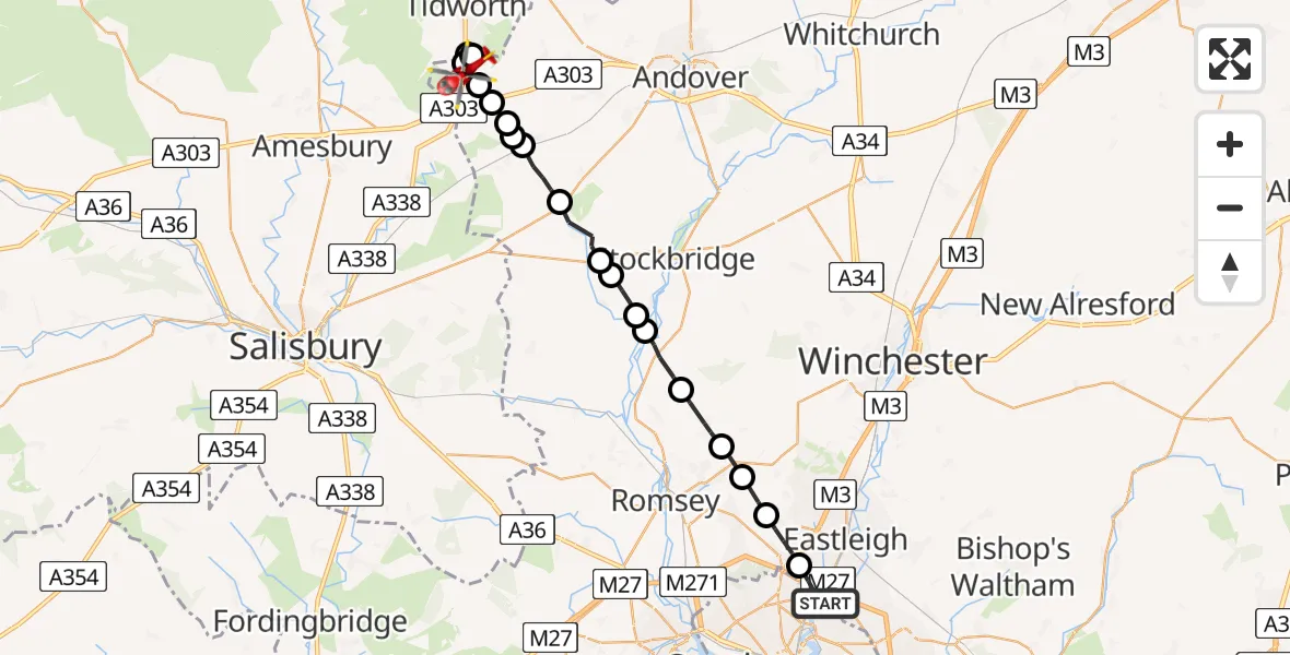 Flight route Air Ambulance Helicopter Mansbridge - Shipton Bellinger, 13 August 2026, 07:33