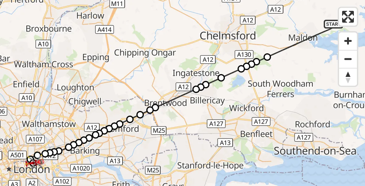 Flight route Air Ambulance Helicopter Maldon - Royal London Hospital, 13 August 2026, 07:44