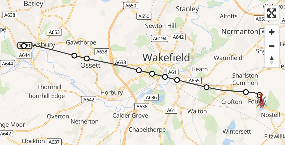 Flight route Air Ambulance Helicopter Dewsbury - YAA Nostell Helicopter Port, 13 August 2026, 07:44