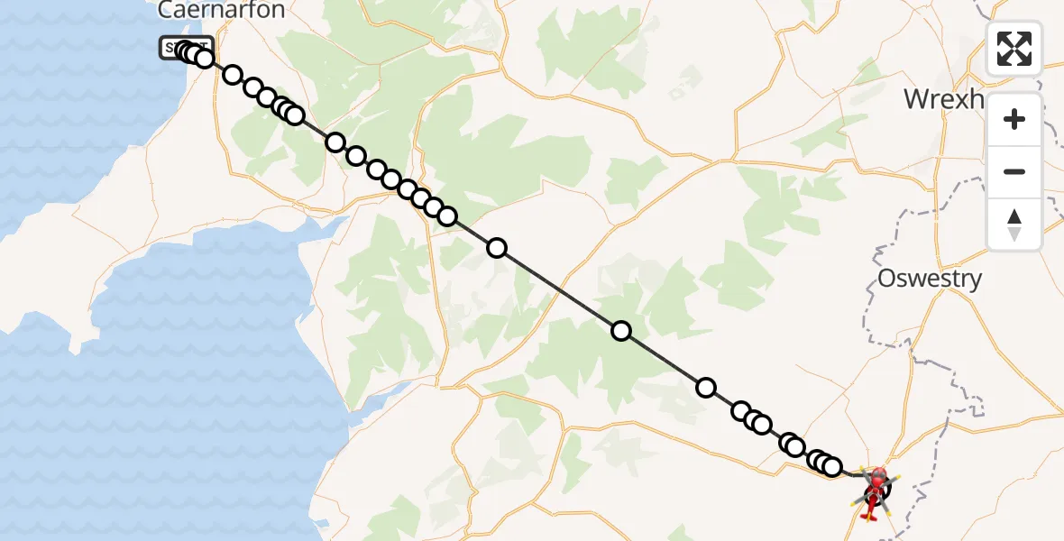 Flight route Air Ambulance Helicopter Caernarfon Airport - Welshpool Airport, 13 August 2026, 08:00