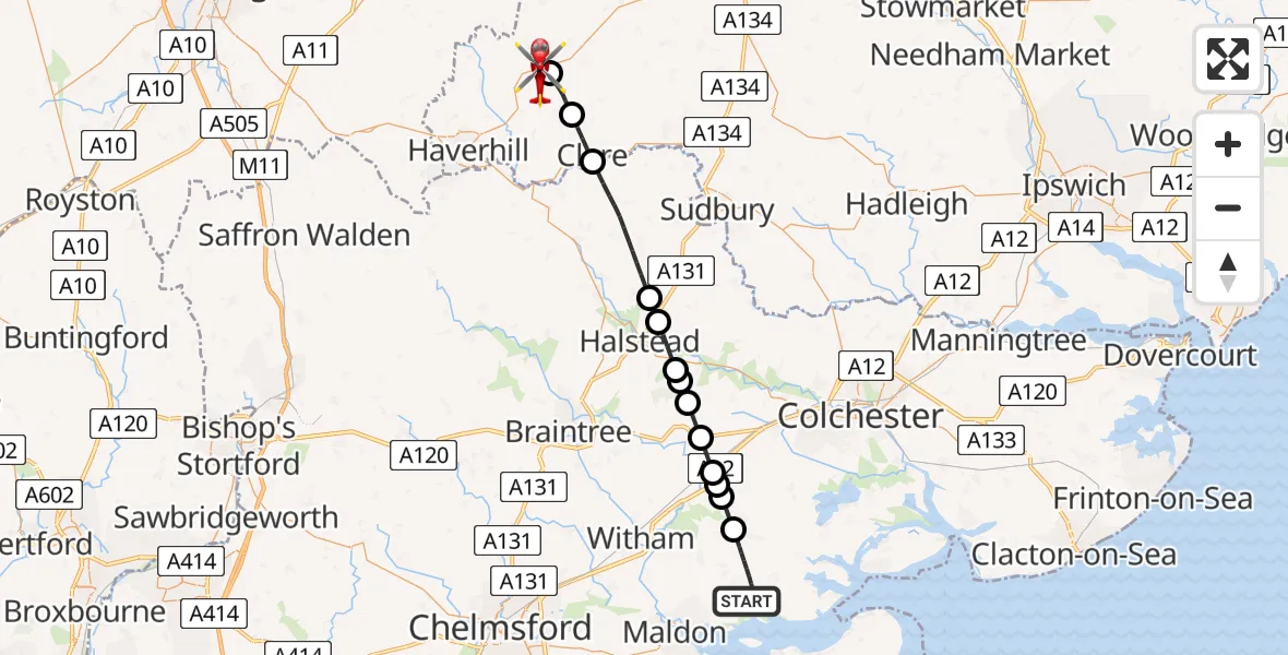 Flight route Air Ambulance Helicopter Maldon - Stradishall, 13 August 2026, 08:02