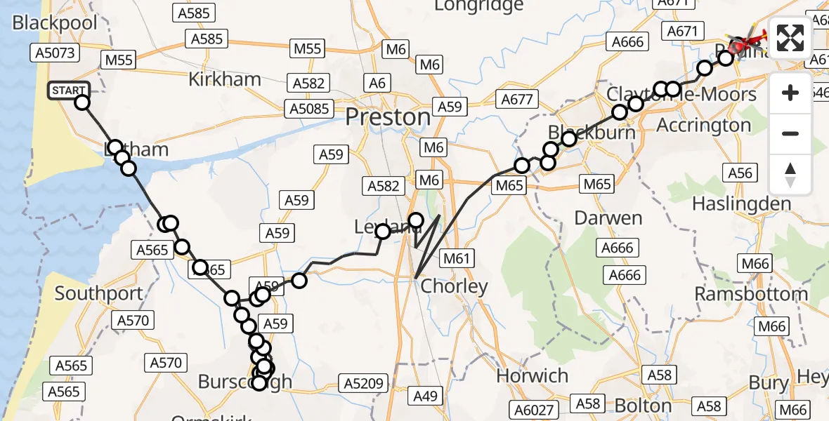 Flight route Air Ambulance Helicopter Blackpool Airport - Padiham, 13 August 2026, 08:07